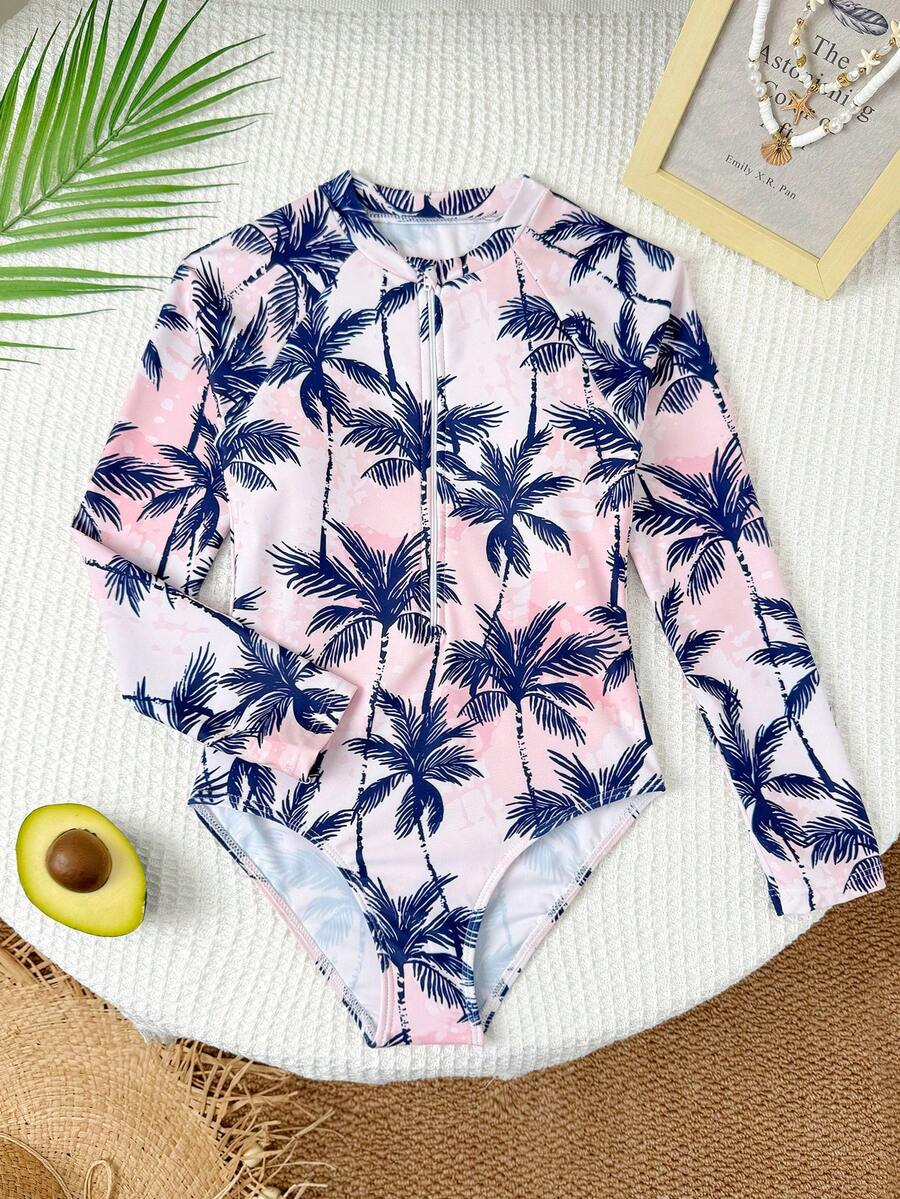 SHEIN 少女连体长袖泳衣，拉链设计，棕榈树印花，沙滩度假装