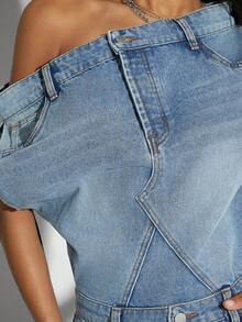 Denimoi Off Shoulder Split Front Denim Dress - Light Wash - View 5