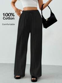 SHEIN Tall Cotton Loose Texture Wrinkle Fabric Drawstring Waist Long Pants - Black - View 9