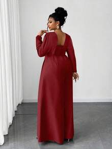 Maweii 大码性感长袖金属纽扣阔腿连体裤 - 酒紅色 - 查看 3