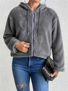 Sudadera de invierno para mujer, de color liso, de doble cara, de forro polar coral con cremallera y capucha, holgada, talla grande, cálida y cómoda. - Gris - Ver 2