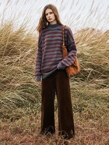 Florisole Sweater Lengan Panjang Kerah Tinggi Bergaris Blok Warna, Pakaian Rajut Musim Gugur/Dingin - Grey - View 4