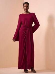 Zivah 2026春夏新品，情人节、音乐节、复活节、西部风、游牧风、波西米亚风、纳什维尔风格派对、婚礼、晚宴、约会、聚会、生日、大学、学生、日常穿着、百搭基础款、休闲、度假、邮轮旅行、海滩、日光浴、爆款、优雅、通勤、商务休闲、极简设计圆领长袖连衣裙，前系带，宽松直筒不对称下摆，酒红色连衣裙，春夏连衣裙，派对连衣裙，性感连衣裙，女士连衣裙 - 酒紅色 - 查看 5