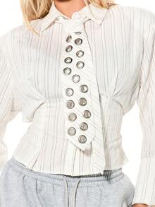 SUMWON WOMEN Oversized Power Shoulder Pinstriped Button Front Long Sleeve Blouse With Eyelet Waist Tie Detail For Casual Professional Wear - White - View 4
