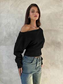 Aloruh Elegant 95% Cotton Knit Asymmetric Shoulder Long Sleeve Top, Black Versatile Blouse, Fall Wardrobe; Simple, Fashionable; Cozy, Chic.,Black Top Spring - Black - View 4