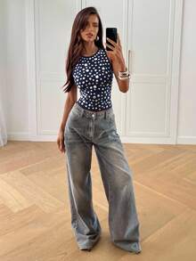 Aloruh Áo crop top hở vai cổ tròn đính đinh tán thời trang Y2K dành cho nữ - Màu xanh hải quân - Xem 4