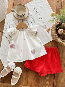 SHEIN LMoss Kids Set Baju Bayi Perempuan Baru Lahir Atasan Lengan Pendek Motif Bordir Bunga dan Celana Pendek Merah, Musim Panas - Merah - View 2