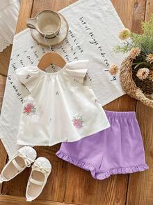 SHEIN LMoss Kids Conjunto de blusa de manga corta con bordado floral y pantalones cortos morados para bebé niña recién nacida, de verano - Morado - Ver 2