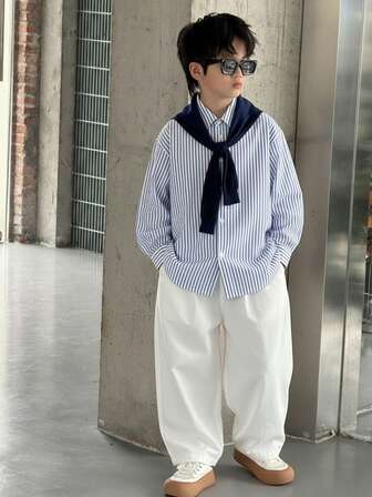 儿童/青少年男童休闲条纹领宽松长袖衬衫、直筒纯色长裤和针织披肩三件套