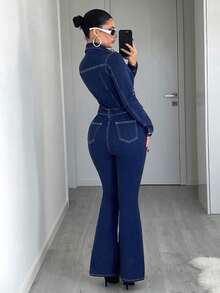 Jeanoix Bộ jumpsuit denim dài tay buộc dây tối giản màu trơn dành cho nữ, thích hợp mặc hàng ngày. - Rửa tối - Xem 2