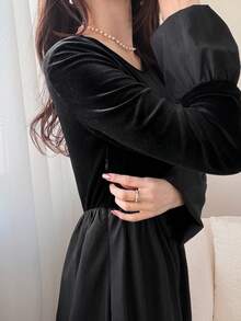 FRIFUL Women's Velvet Patchwork Bodycon Waist A-Line Dress - Black - View 6