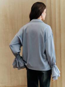 Anewsta Women's Elegant Ruffled Collar Versatile Long Sleeve Blouse - Blue - View 4