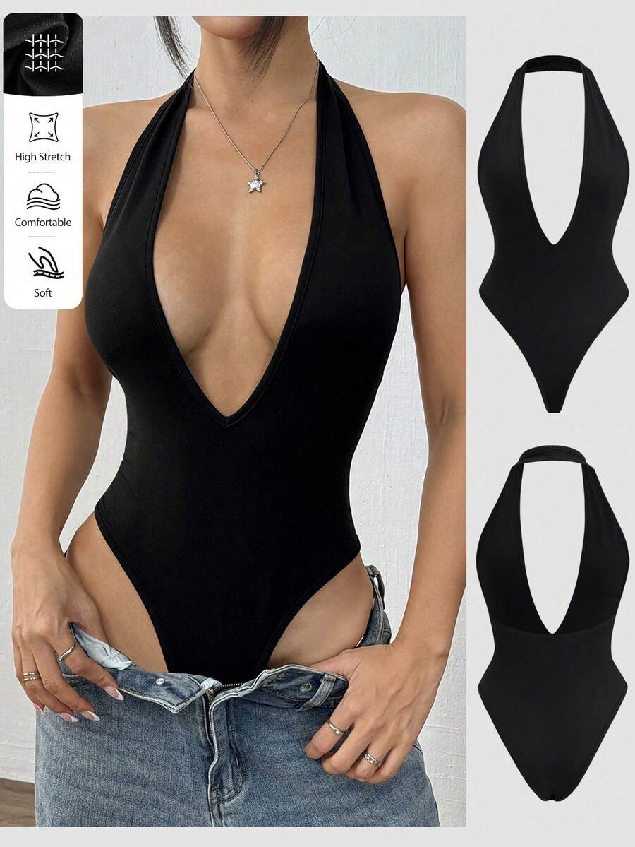FavEase 黑色深 V 领露背紧身衣，性感休闲简约风格女装
