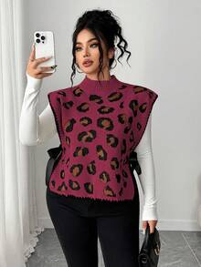 Elenzga Women's Elegant Leopard Print Tie-Up Sleeveless Loose Knit Sweater Vest,Plus Size,Summer Everyday Brown Polka Autumn/Winter Outerwear Leopard Top - Red Violet - View 5