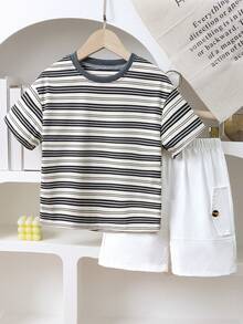 Genkimix Kids 2pcs Genkimix Young Boys Striped Print Casual Round Neck Top + Faux Pocket Decor Solid Color Casual Shorts Set - White - View 5