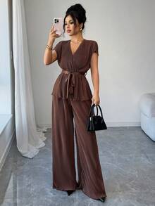 Elenzga Women's Brown V-Neck Pleated Textured Fabric Waist Tie Flared Design Elegant Blouse, Suitable For Valentine's Day, Easter, Labor Day, Birthday, Date, Party, Travel, Spring Outfit - Brown - View 5