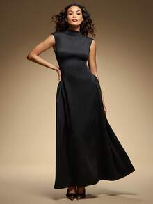 Hauture Women's High Neck Elegant Office Daily Going Out Pleated Hem Structured Maxi Dress - Black - View 3