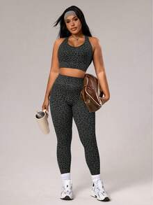 Rhythm Era Plus Size Women Leopard Print Camisole And Leggings Sports Suit - Grey - View 2