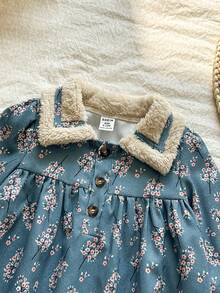 Vintaside Kids 女婴秋冬季保暖内衬翻领长袖数码印花灯芯绒连衣裙，时尚舒适，适合休闲、户外活动、朋友聚会等场合。 - 藏蓝色 - 查看 6