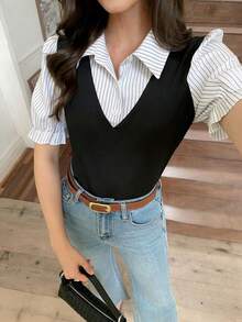 Elyressa Women's Casual Commuter Striped Patchwork 2 In 1 Top, Summer - Multicolor - View 7