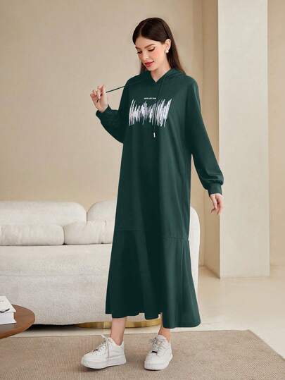 Mulvari Women Hooded Drawstring Long Sleeve Loose Gentle Elegant Charm Dress Maxi Women Outfit