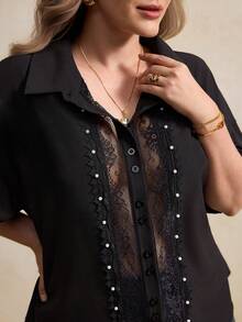 Elegantrix Plus Size Women's Spring/Summer Lace Patchwork Beaded Drop Shoulder Casual Blouse - Black - View 6