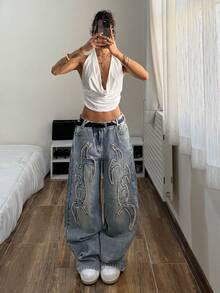 StreetHx Jeans de ajuste holgado con bolsillo bordado y efecto desgastado, estilo casual de calle para mujer - Azul - Ver 4