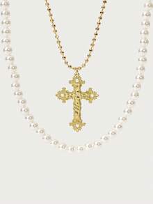 Glisma 4pcs/Set 14k Gold Plated Multi-Layer Beaded Cross & Virgin Mary Necklace, Suitable For Vacation, Prayer, Baptism Wear - Style 9 - View 9