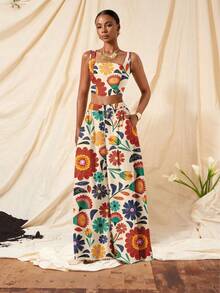 Zivah New Spring/Summer Vacation Casual Fishbone Strap Top & Wide Leg Pants With Pockets 2 Pieces Set/Season Wedding Attend/Birthday Party/Daily Outing/Basic And Versatile/Leisure Vacation/Cruise Travel/Beach Seaside Sunbathing /Internet Celebrity Hot Style/Street Style/Elegant Commuter/Business/Casual Bandeau Strap Sexy Backless Ladies Top And Straight Pants With Pockets Flower Positioning Print Green Summer Suit Ladies Two Pieces Suit Carnival - Multicolor - View 8