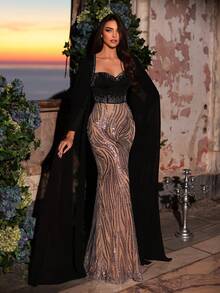 Aureia Elegante y lujoso albornoz de satén elástico tejido negro con bordado de flores y lentejuelas, adecuado para galas, eventos de negocios, fiestas privadas, cumpleaños, vacaciones, bodas y otras ocasiones formales - Multicolor - Ver 5