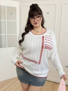 SHEIN EZwear Plus Size Women Cable Knit Casual Pullover Sweater, Fashion & Versatile For Commuting, Autumn/Winter - Multicolor - View 4