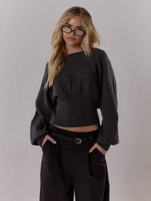 MUSERA Fitted Cinched Waist Balloon Batwing Sleeve Knit Sweater Winter Night Out Going Out Streetwear Cute Back To School Sexy Evening Party Elegant Spring - Dark Grey - View 1