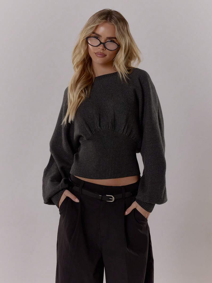 MUSERA Fitted Cinched Waist Balloon Batwing Sleeve Knit Sweater Winter Night Out Going Out Streetwear Cute Back To School Sexy Evening Party Elegant Spring - Dark Grey - View 1