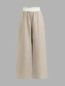 SHEIN Tween Girls Striped Lapel Collar Short Sleeve Jacket And Straight Leg Pants Casual Suit Set,Kids - Khaki - View 6
