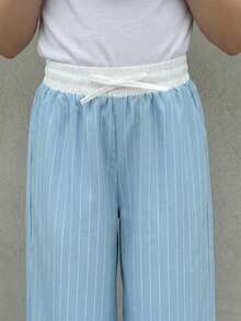 Firerie Kids Firerie Kids 少女条纹翻领短袖外套和直筒裤休闲套装 - 淺藍色 - 查看 16