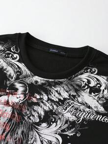 ROMWE MEN Goth Áo thun nam tay ngắn in họa tiết thời trang mùa hè, dáng rộng, thoải mái. - màu đen - Xem 5