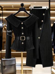 SHEIN Franclia 两件套，单肩领，修身剪裁；不对称侧开衩，金属扣装饰，秋冬款 - 黑色 - 查看 1