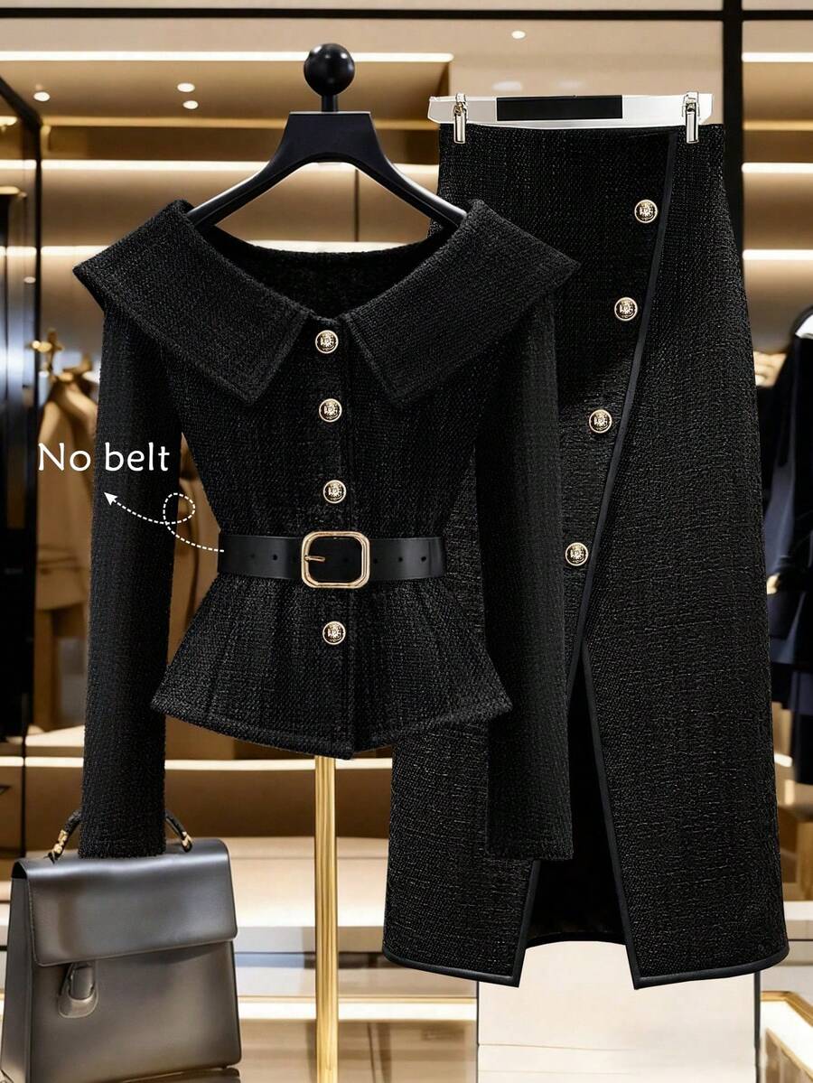 SHEIN Franclia 两件套，单肩领，修身剪裁；不对称侧开衩，金属扣装饰，秋冬款 - 黑色 - 查看 1