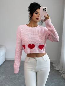 SHEIN Elenzya Women's Drop Shoulder Long Sleeve Heart Knit Cropped Sweater - Pink - View 1