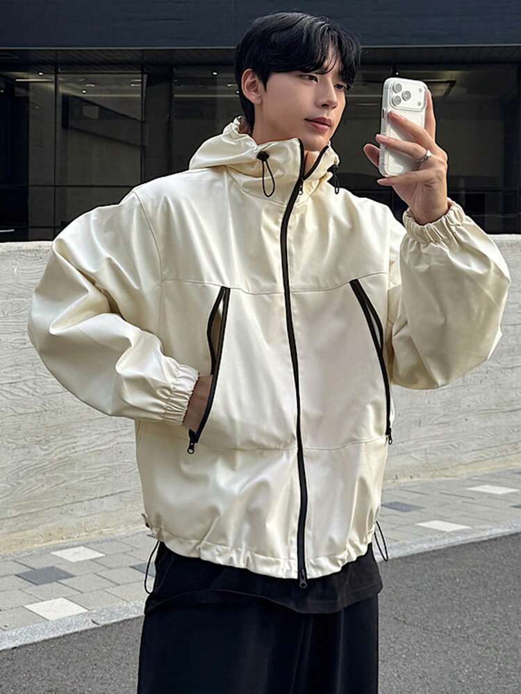 Men's Outdoor Jacket With Zipper Pockets And Drawstring Hem, Beige, Suitable For Spring And Autumn