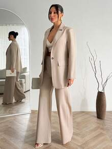 EURMUSE 女士阔腿西装套装 – 女士经典西装外套和长裤，优雅商务套装，宽松版型专业套装，现代办公室着装，时尚正式套装，永不过时的中性色两件套，剪裁精良的职业套装，别致的工作装，百搭的职业服装，精致简约风格 - 棕色 - 查看 4