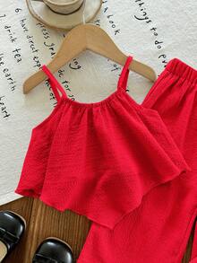 SHEIN LMoss Kids 2件套女婴纯色无袖上衣和宽松休闲裤套装 - 紅色 - 查看 3