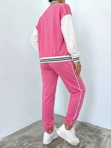 EURMUSE 女士休闲撞色拼接字母印花外套和裤子两件套，秋季 - 粉色 - 查看 2
