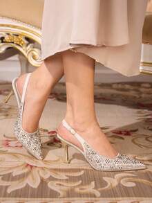 CUCCOO TILAWA Zapatos de tacón alto elegantes con adorno de rhinestones en la punta para mujer - Champán - Ver 5