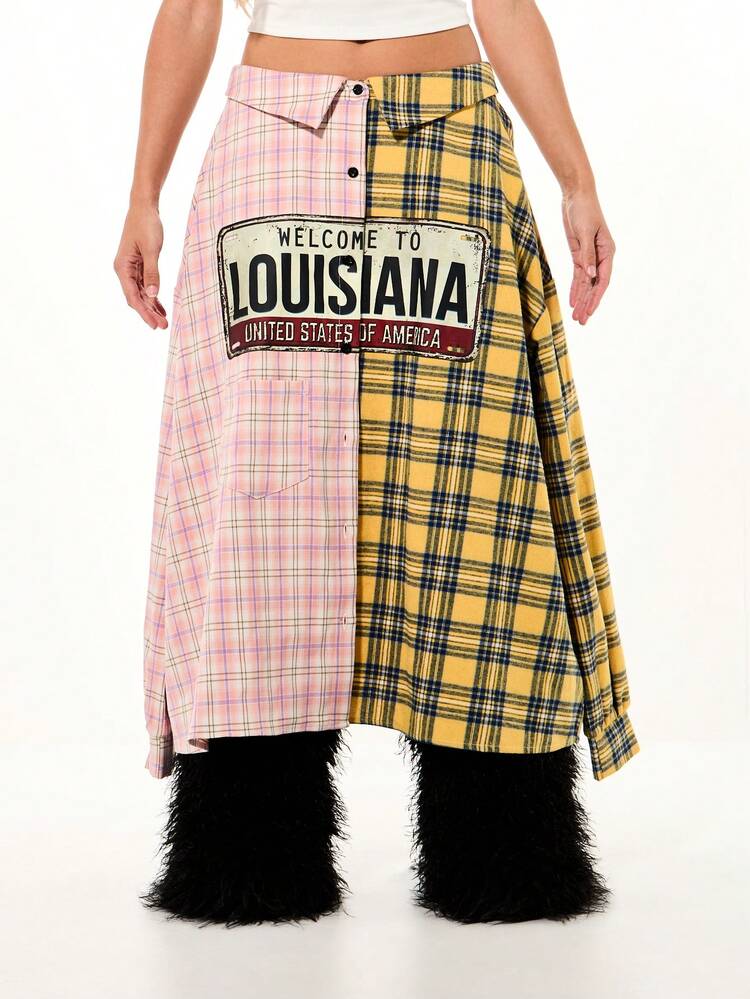 SUMWON WOMEN Spliced Check Plaid Maxi Skirt