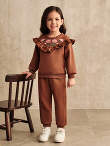 SHEIN 2pcs/Set Young Girl Young Girlrl Casual Ruffle Embroidered Sweatshirt Top + Sweatpants, Suitable For Layering With Jackets, Coats, Hoodies, Ideal For Everyday Wear, Autumn/Winter - Brown - View 5