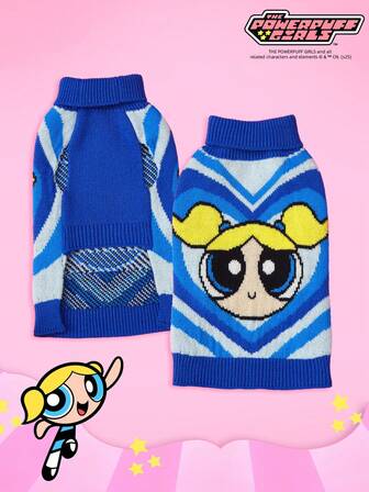 THE POWERPUFF GIRLS X PETSIN 1pc Pet Cat Dog Universal Blue Love Cute Cartoon Pattern Jacquard High Neck Elastic Comfortable Warm Dog Sweater