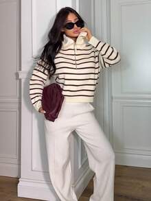 Ronhire Casual Striped Long Sleeve Half-Zip Pullover Fall - Burgundy - View 3