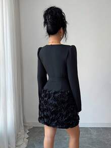 Modelyn French Design V-Neck 3D Floral Women Short Dress - Black - View 2