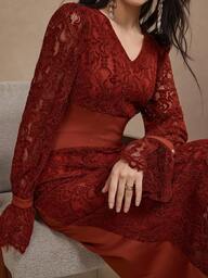 DAZY Vestido de mujer elegante de longitud media con cuello en V, mangas abultadas y bloques de color en contraste de encaje, para primavera/verano